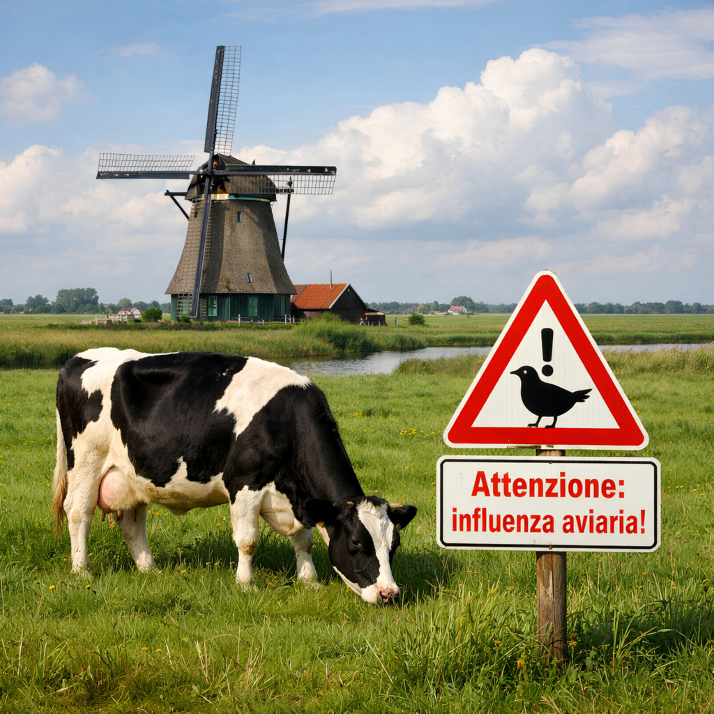 Una immagine AI con una vacca che pascola in Olanda