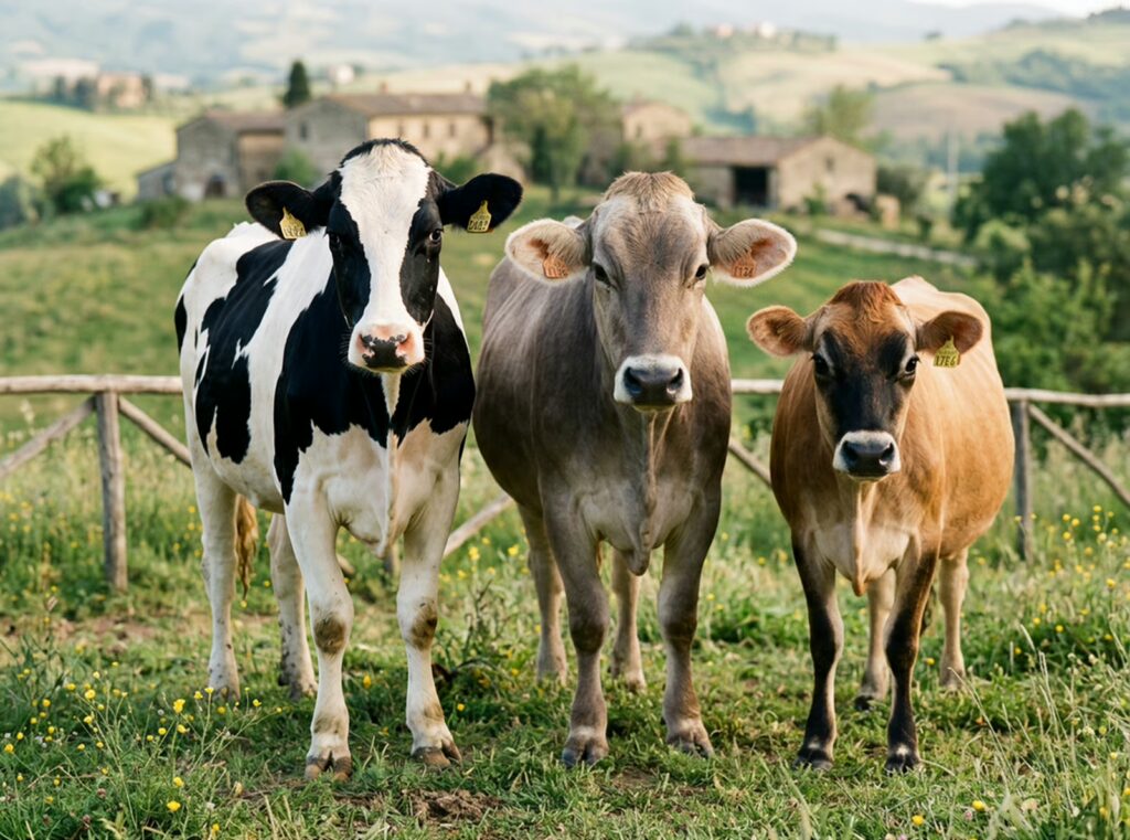 Tre animali di razza Frisona, Bruna e Jersey